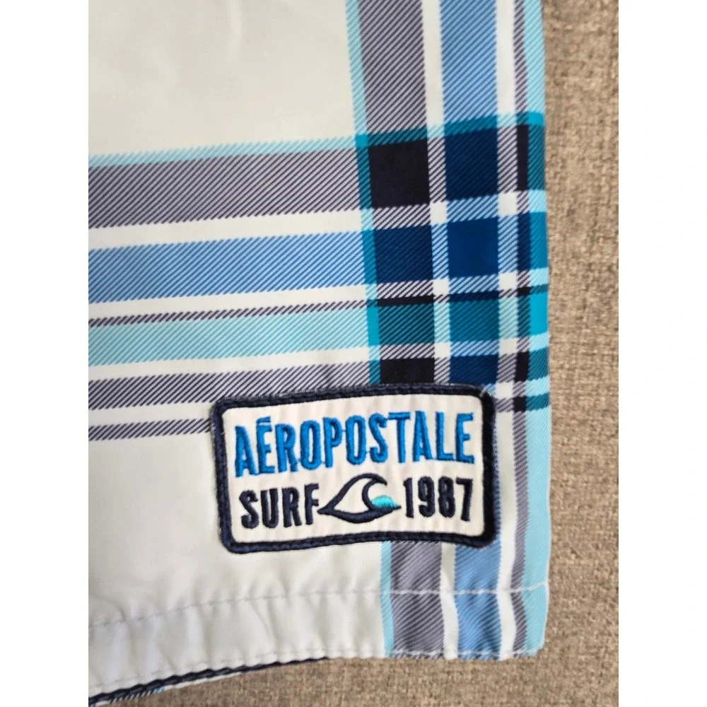 Aeropostale Mens Blue White Plaid Board Shorts Swim Trunks Size 28 7184AH11